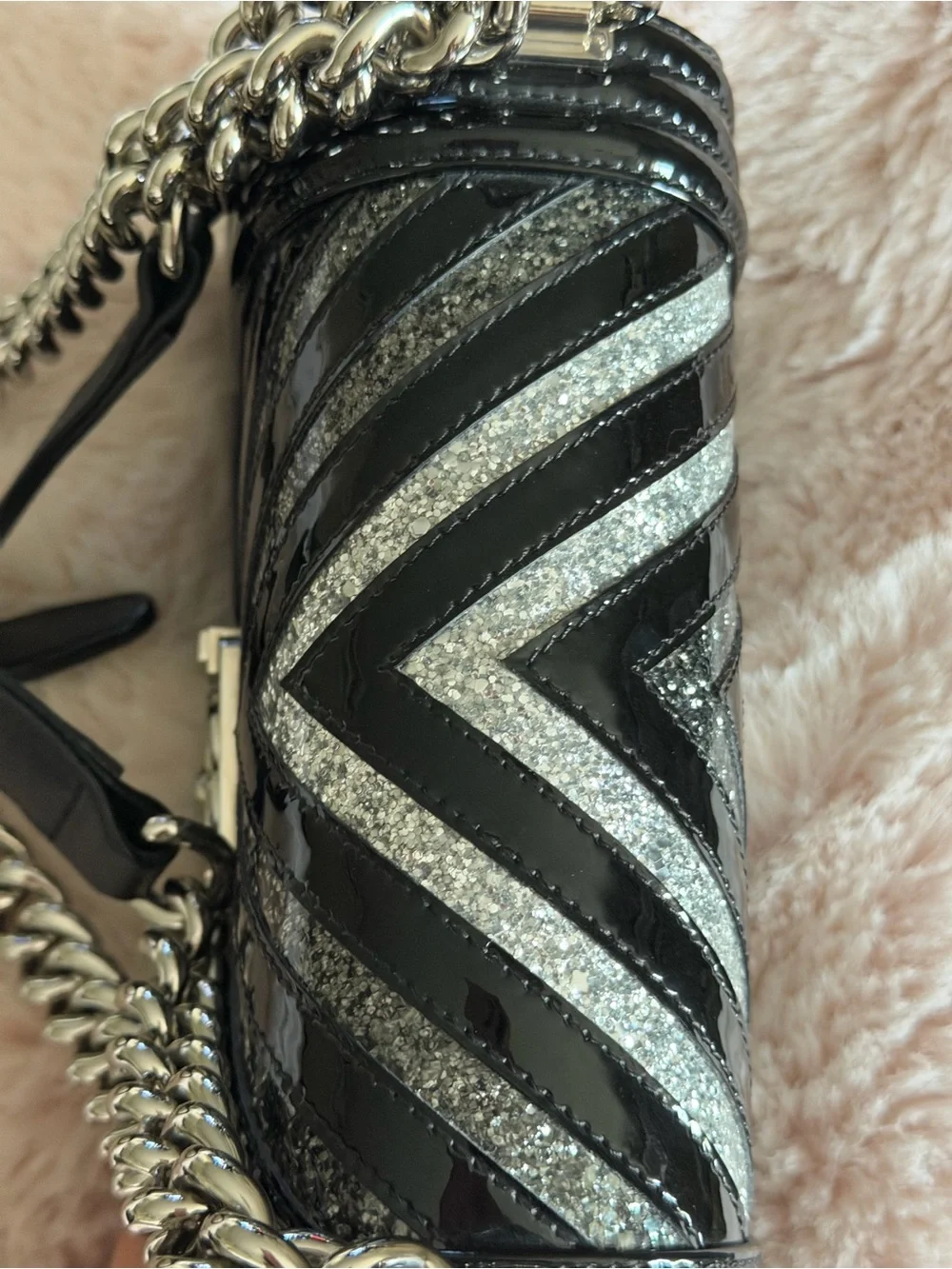 CHANEL Black & Silver Chevron Patent Glitter PVC Small Boy Bag Silver HDW